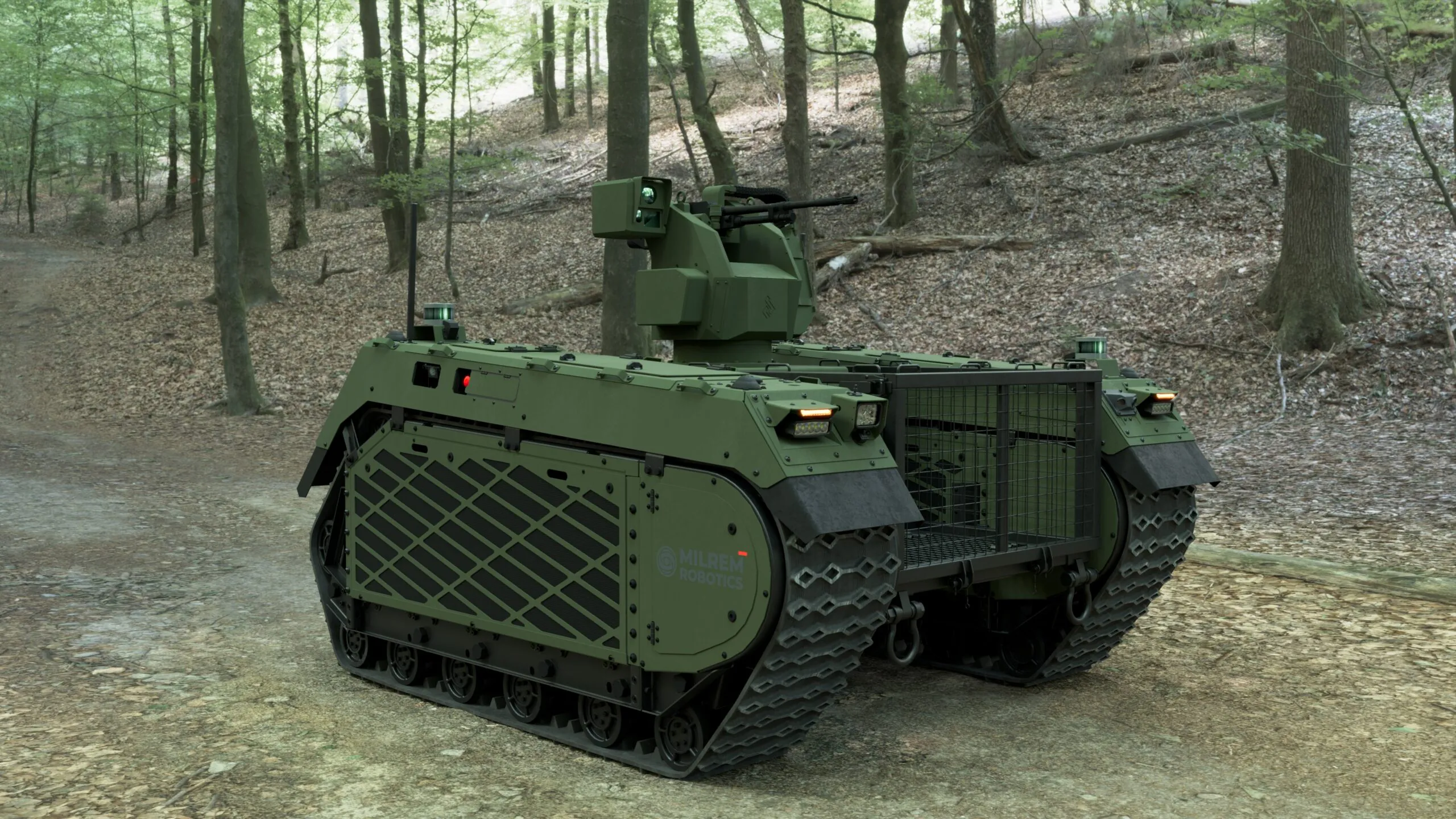 Uniwersalny bezzałogowy pojazd logistyczny . Milrem Robotics THeMIS produkcji estońskiej o nośności 750 kg ładunku.